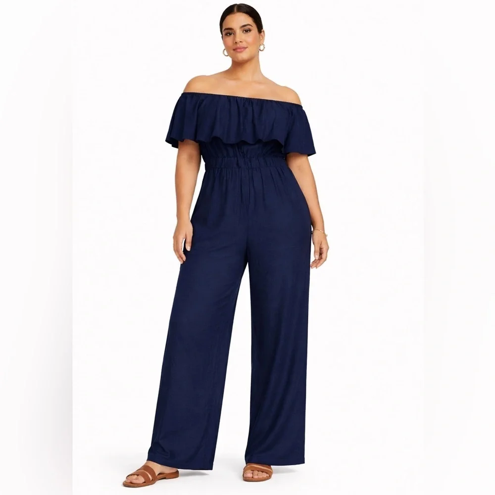 City Chic Serene Ruffle Off the Shoulder Navy Blue Jumpsuit Sz 14W